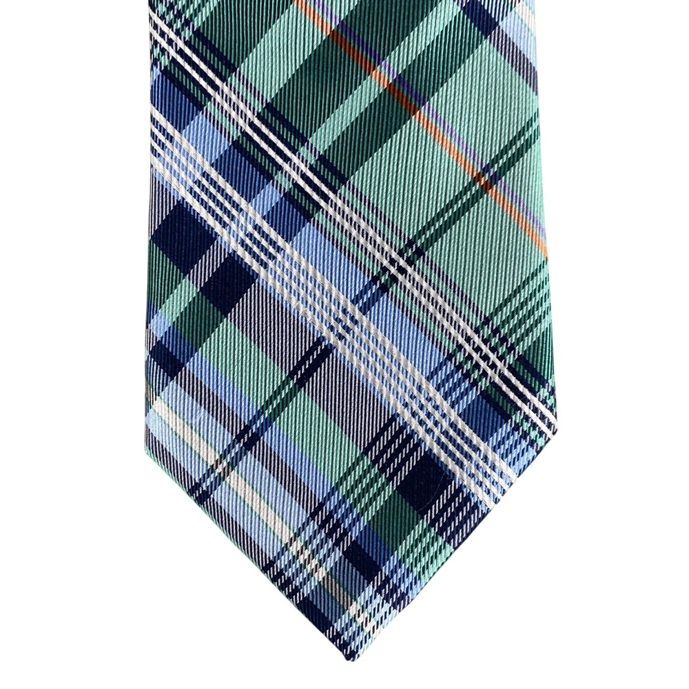 Nautica Mens Silk Necktie Green Navy Blue Light Blue Plaid Tartan Coastal 59x3.5